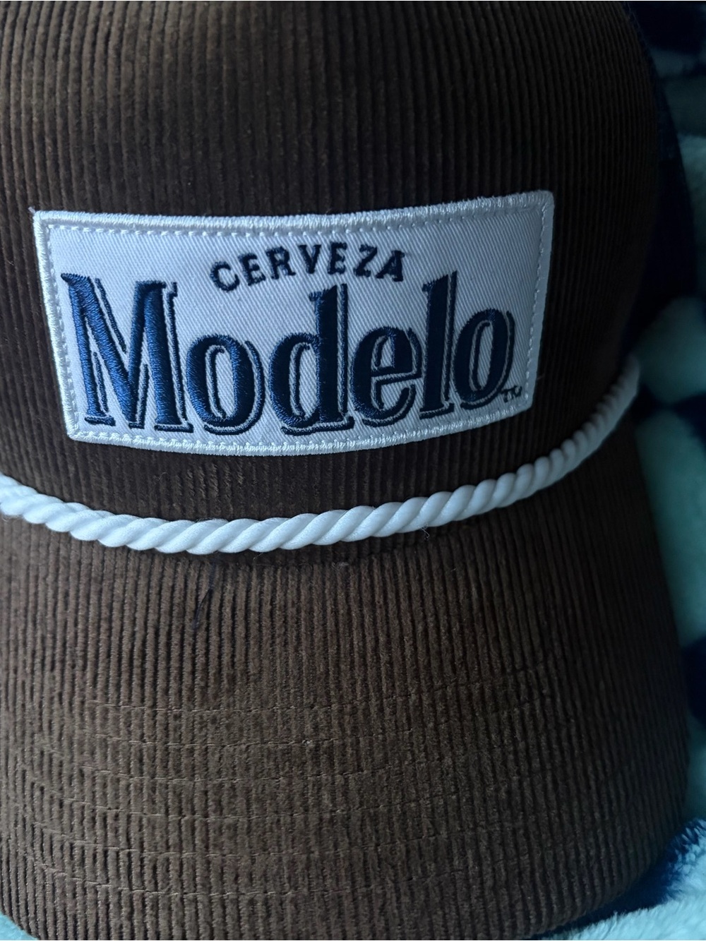 Mens modelo beer Brown Corduroy Rope-Detail Trucker Cap